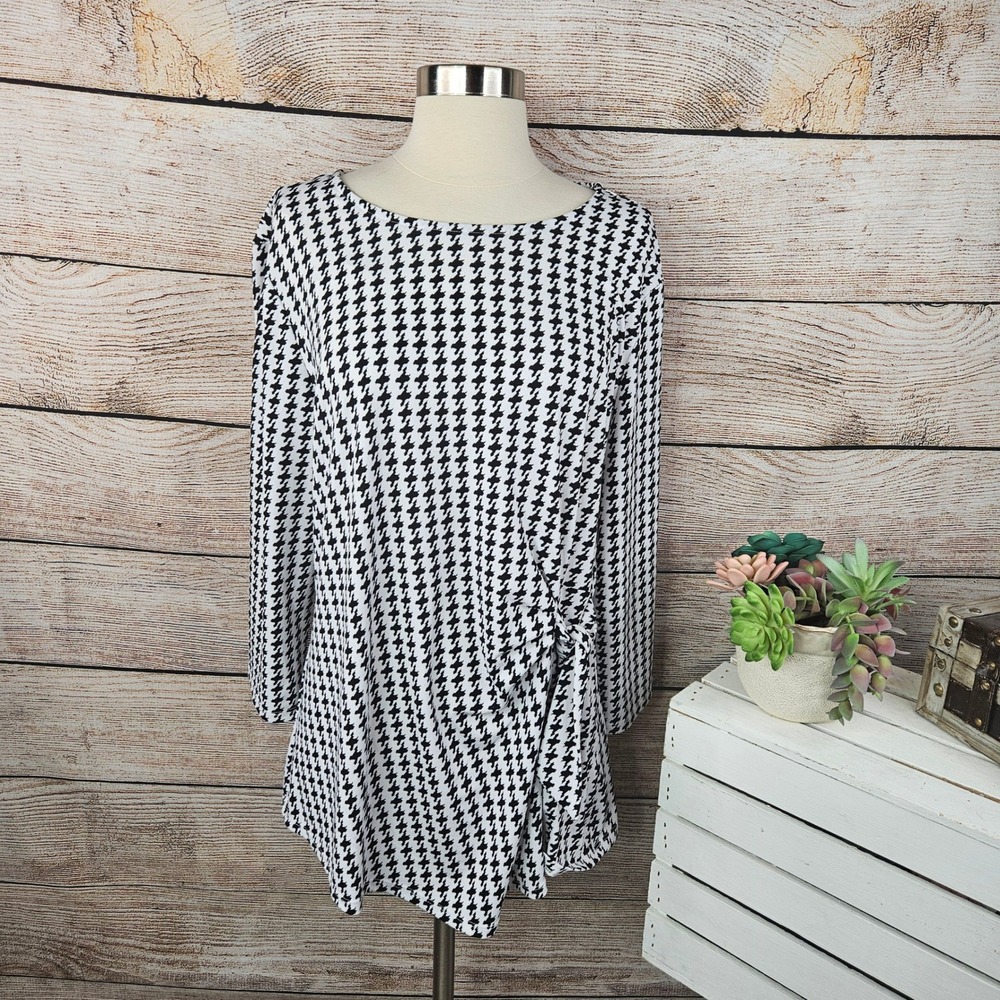 ELLE Houndstooth Print Tunic Top Long Sleeve Ruched Detail XL‎